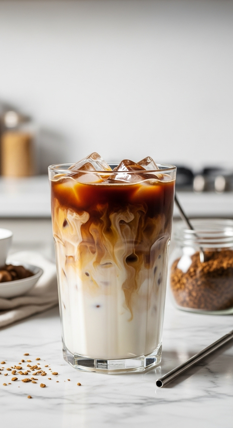 Creamy instant iced coffee in a tall glass with ice on a marble counter and blurred kitchen background