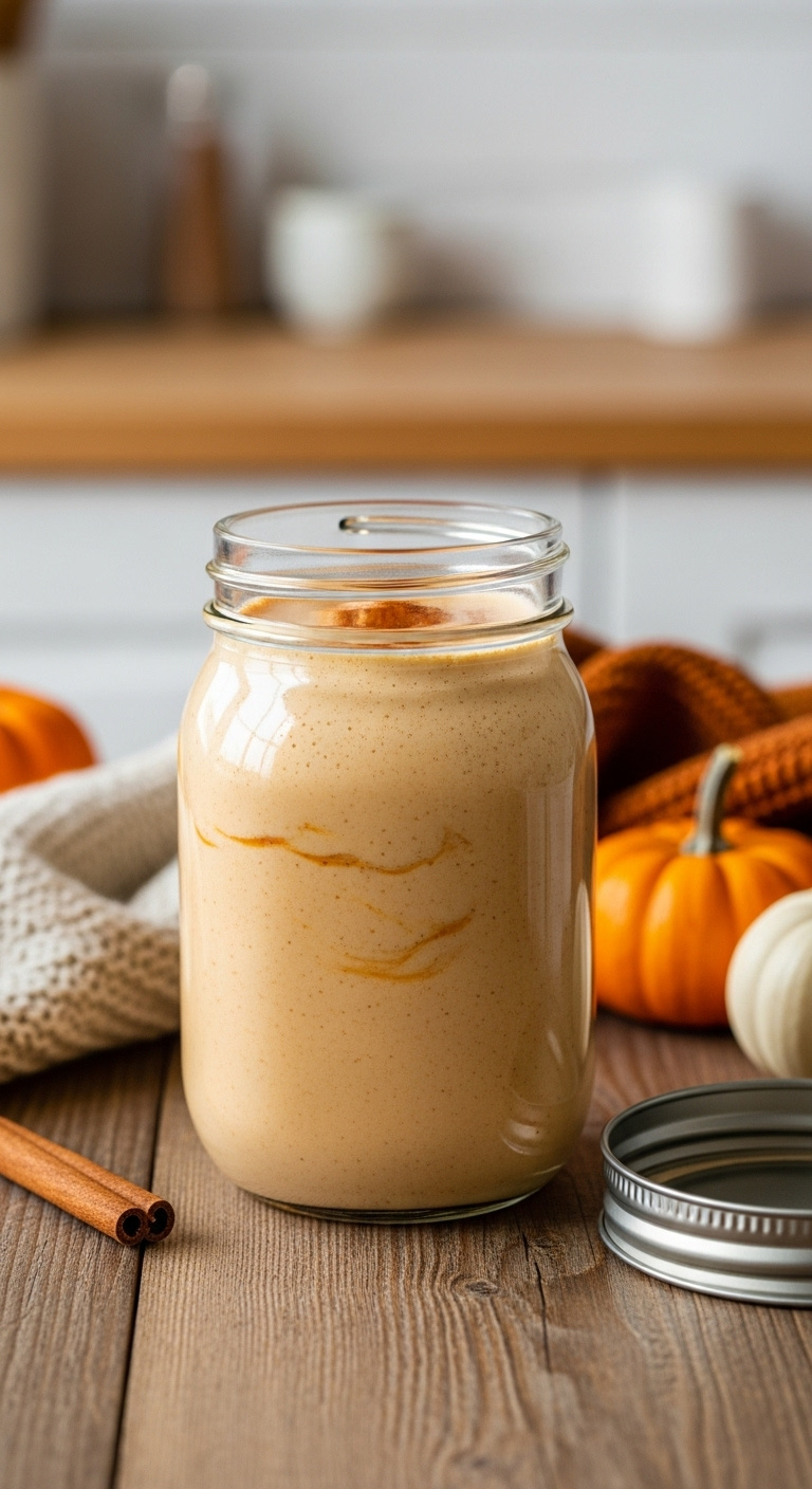 Creamy light orange pumpkin spice coffee creamer in a mason jar on a rustic wood table with a cinnamon stick and pumpkin