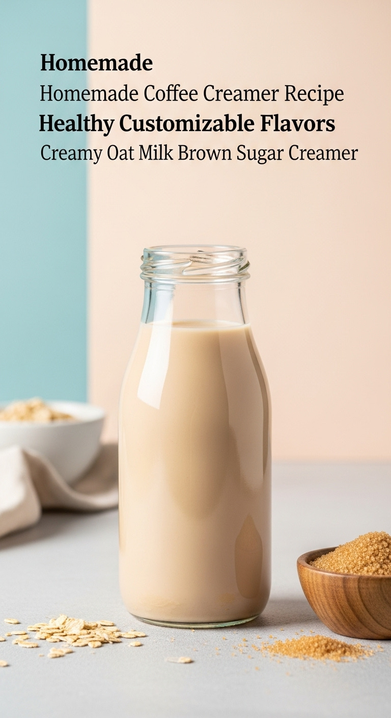 Creamy oat milk brown sugar creamer in a glass bottle with oat groats and brown sugar on a light concrete surface