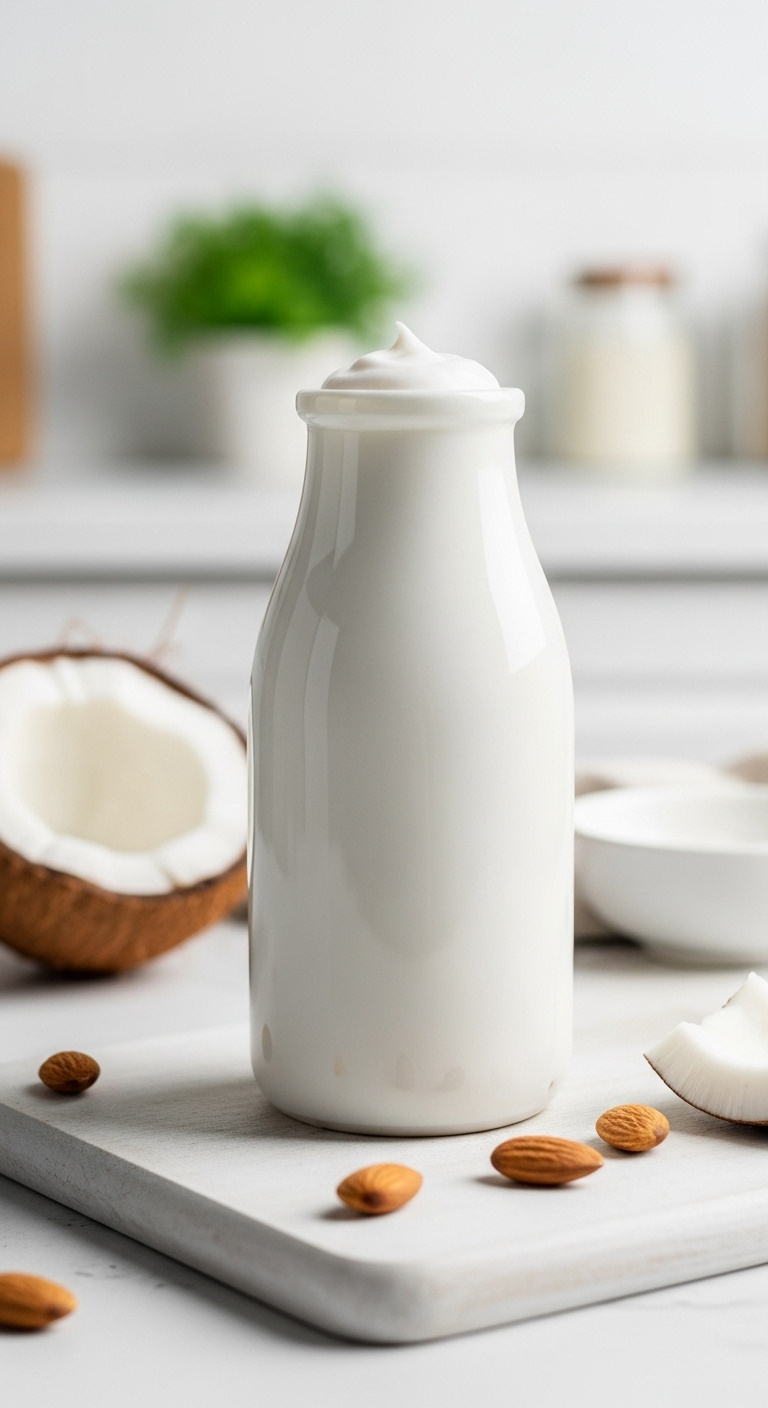 Dairy-free coconut creamer in a white ceramic bottle with a half coconut and almonds on a light wooden board under bright studio light
