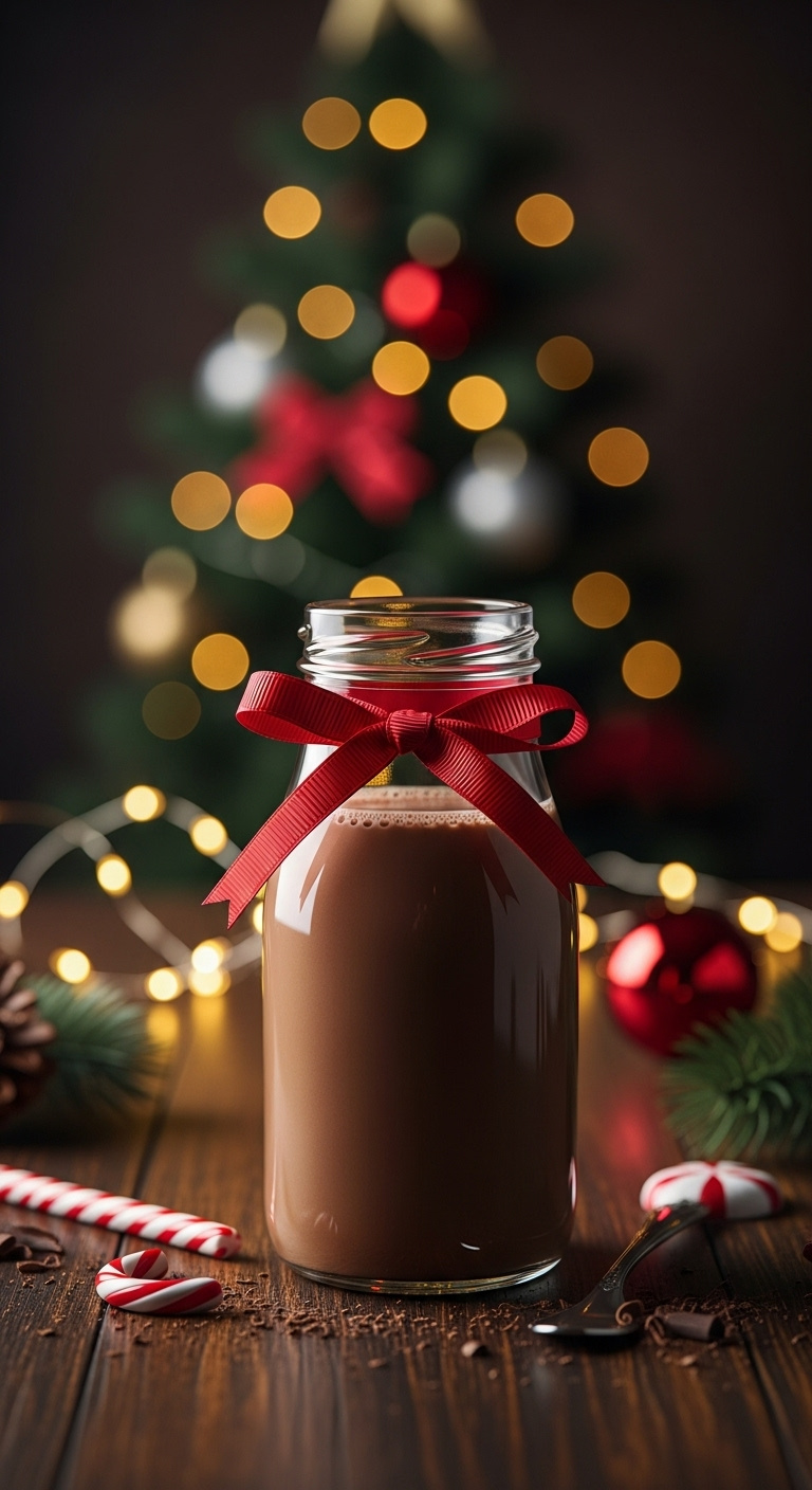 Festive peppermint mocha creamer in a glass bottle with red ribbon candy cane and chocolate shavings on a dark table with holiday lights