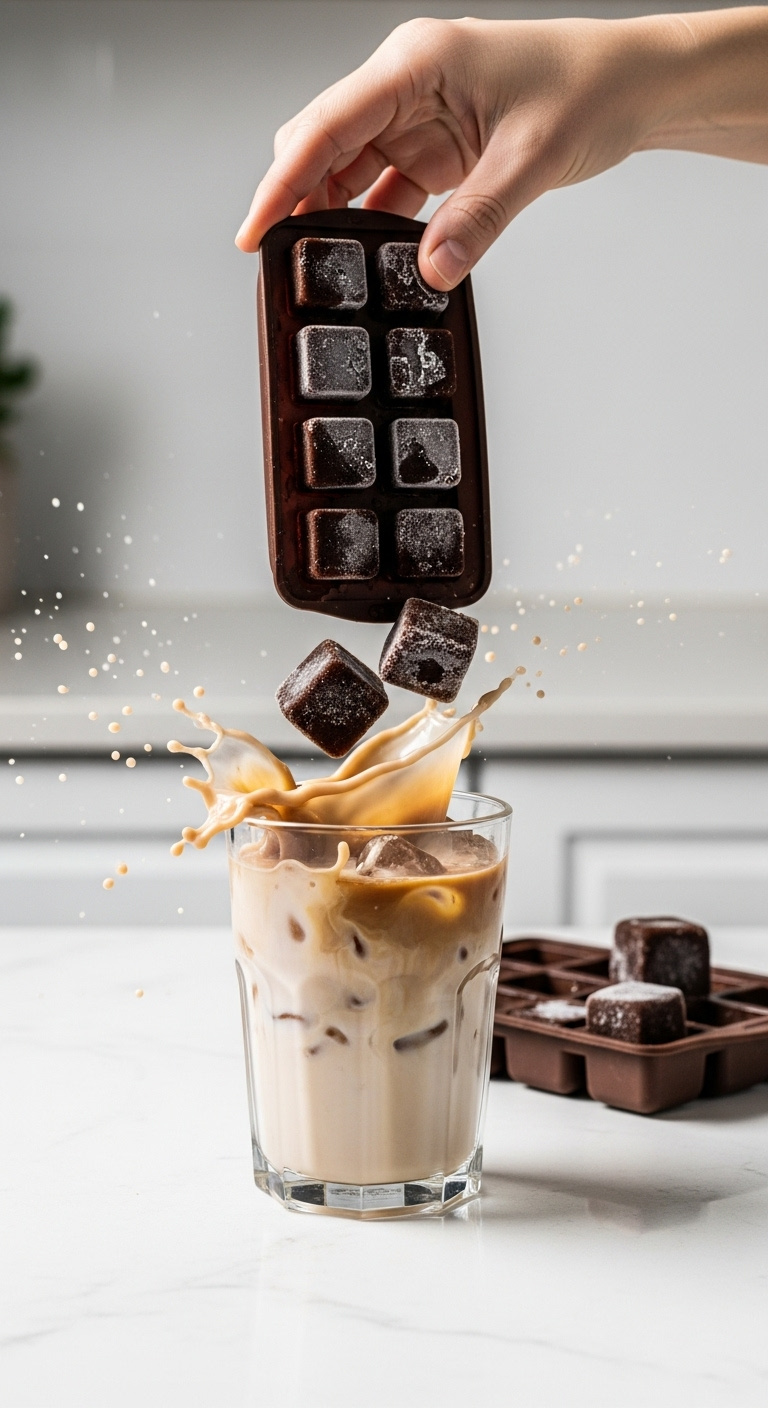 Hand dropping coffee ice cubes into milky iced coffee creating a splash on a white counter in a minimalist kitchen