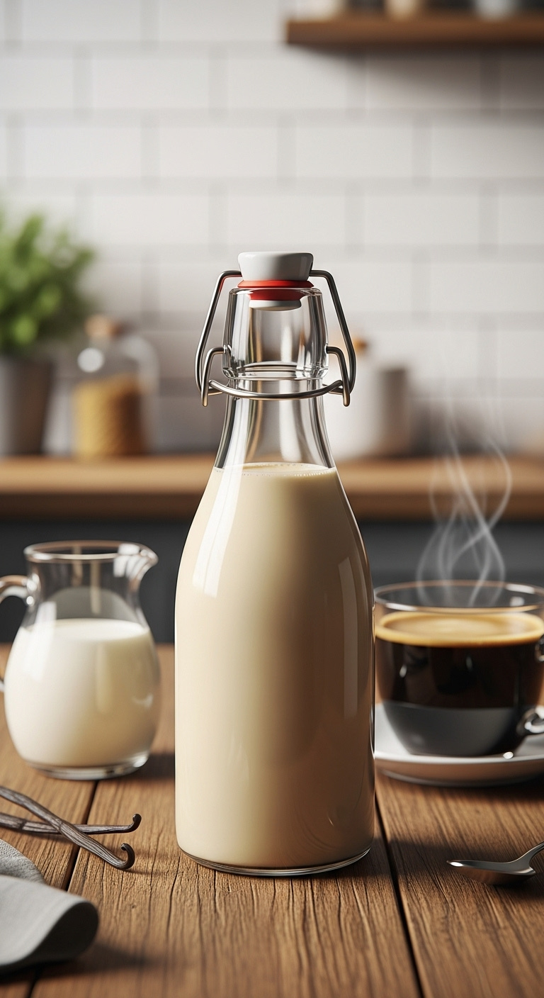 Homemade vanilla coffee creamer in a glass bottle on a rustic wood table with coffee beans and a steaming mug under soft natural light