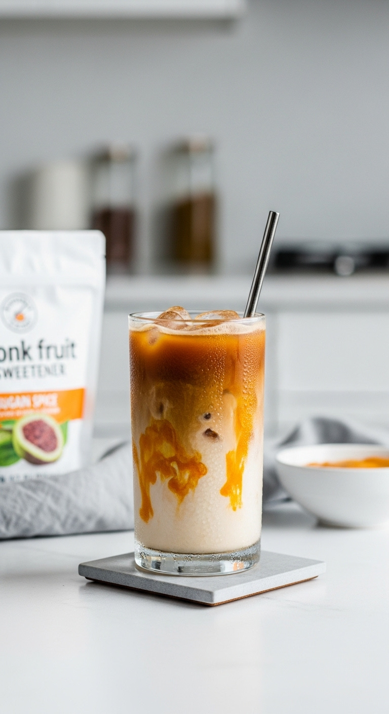 Iced coffee with keto pumpkin spice creamer swirled in a glass on a slate coaster with monk fruit sweetener and a metal straw