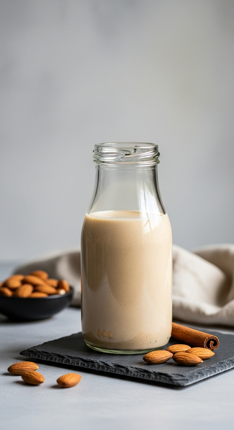Nutty toasted almond creamer in a stylish glass bottle with raw almonds and a cinnamon stick on a natural slate board