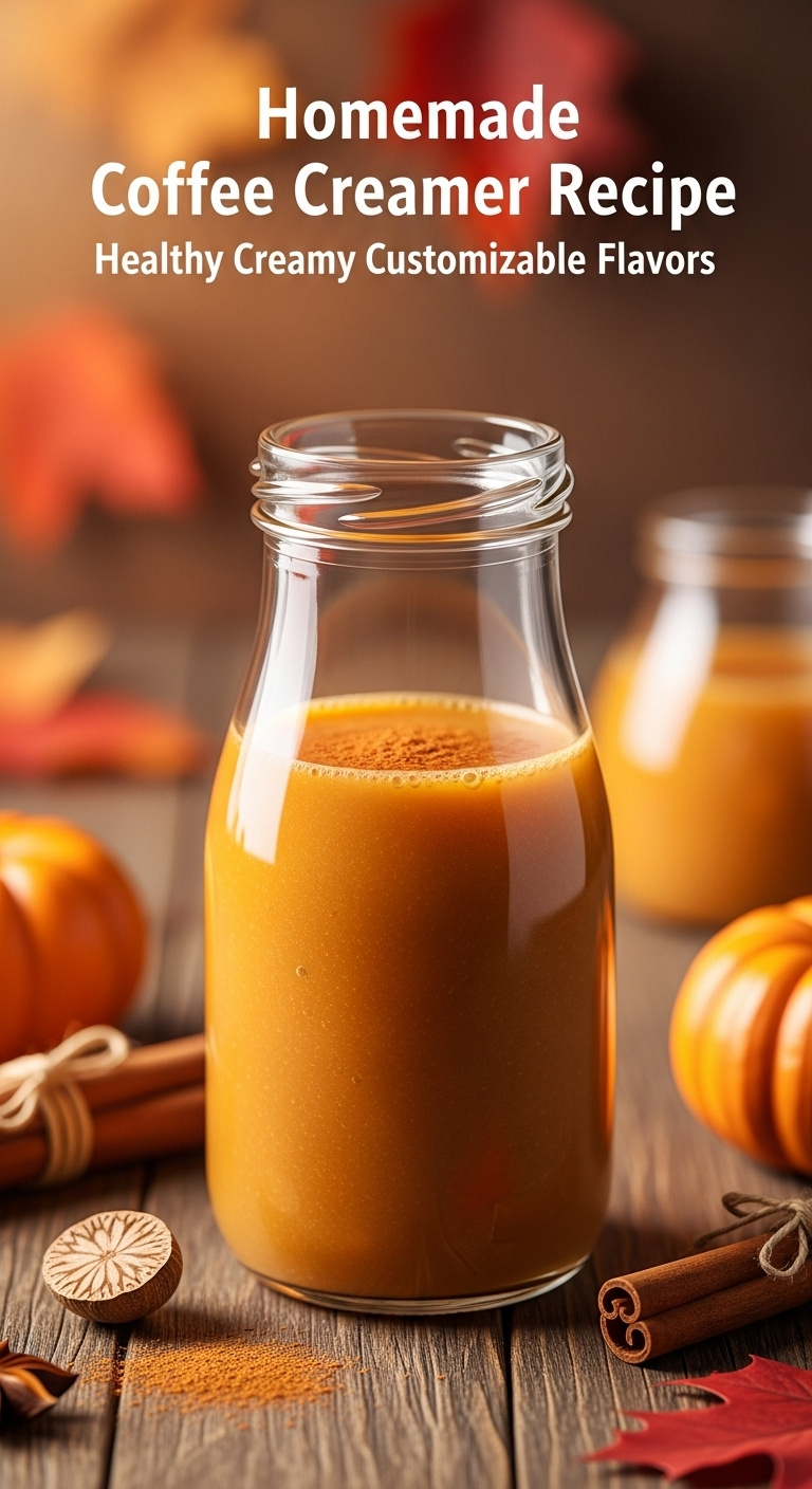 Pumpkin spice creamer in a glass bottle on a rustic wood surface with decorative pumpkin cinnamon stick and nutmeg under natural light
