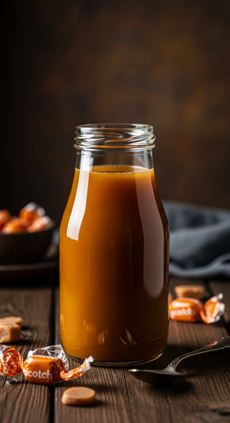 Rich butterscotch creamer in a vintage bottle with candies and a silver spoon on a dark wood table