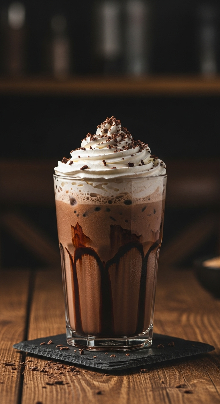 Rich chocolate mocha iced coffee with whipped cream and chocolate shavings on a slate coaster in a blurred cafe setting