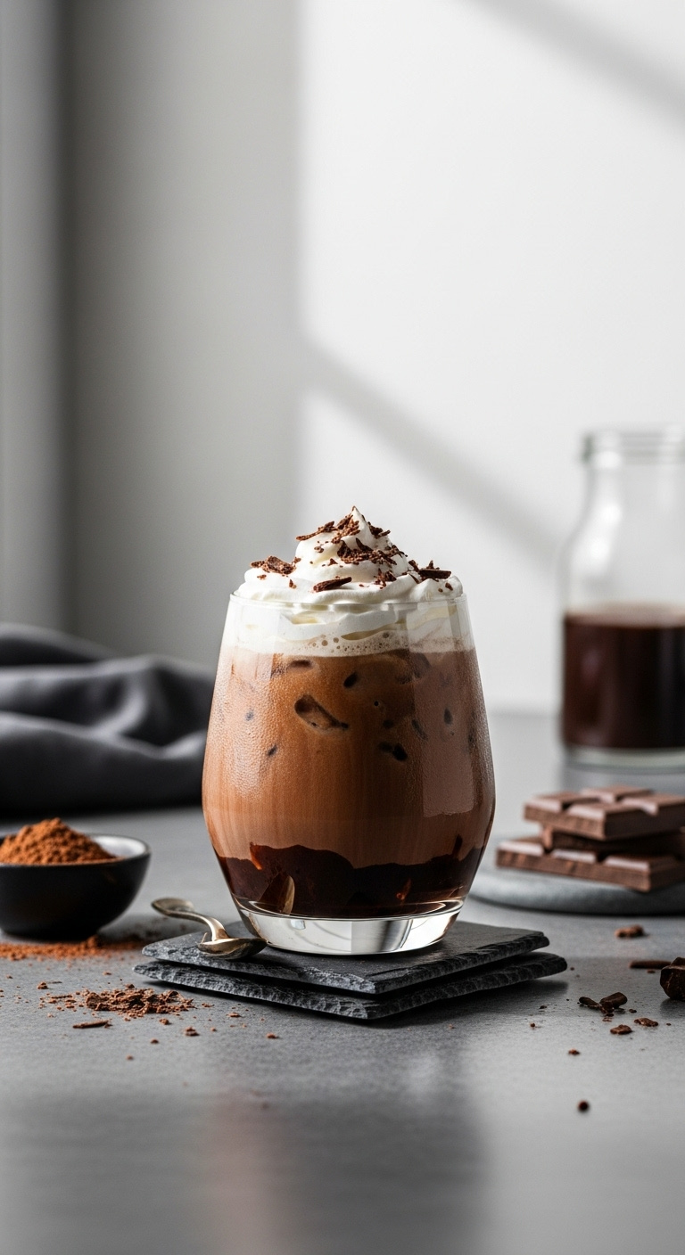 Rich iced mocha with whipped cream and chocolate shavings in a sleek glass on a slate coaster with a minimalist background