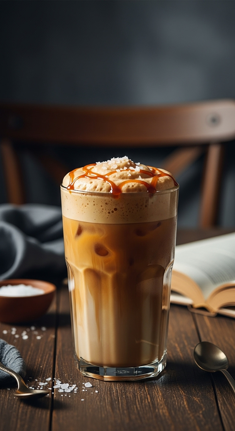 Rich salted caramel iced coffee with cold foam and sea salt flakes in a modern glass on a rustic wood table