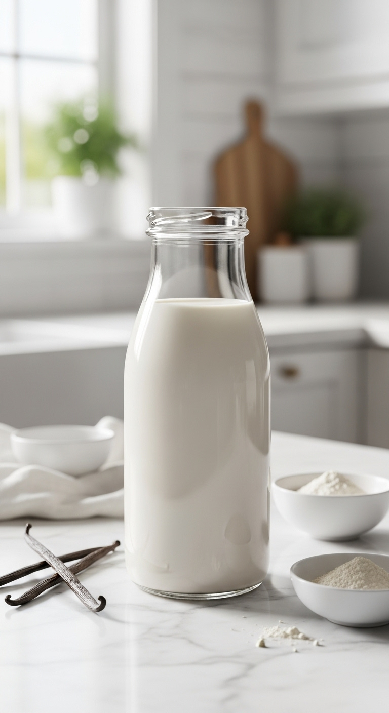 Simple sugar-free vanilla creamer in a sleek glass bottle with vanilla beans and monk fruit powder on a white marble countertop