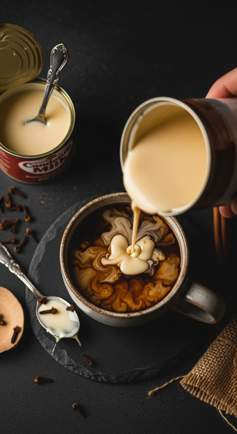 Steaming mug of coffee with condensed milk pumpkin spice creamer can of condensed milk cloves and burlap on a dark slate