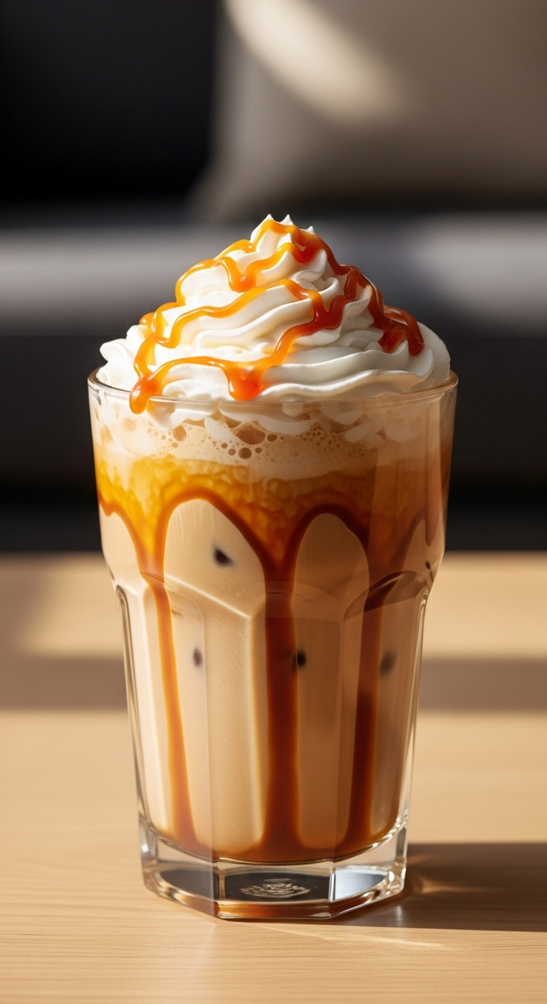 Sweet and salty caramel iced coffee with whipped cream and caramel drizzle in a glass on a wooden surface