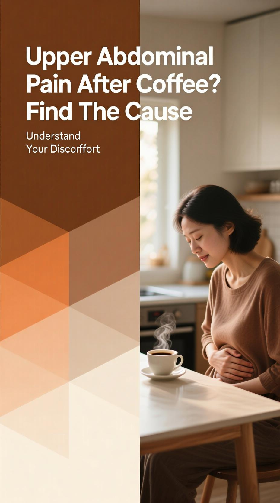 A person holding their stomach in discomfort with a cup of coffee nearby, illustrating the topic of can coffee cause upper abdominal pain