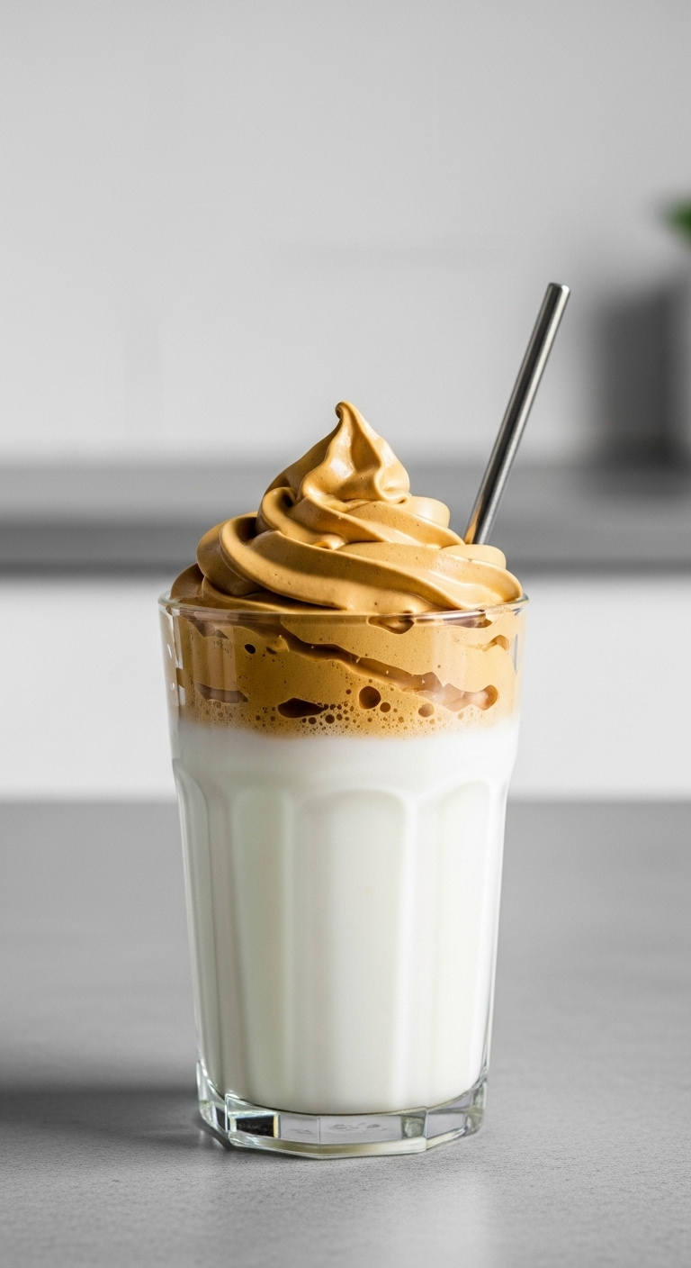 Viral whipped Dalgona iced coffee with thick foam over milk and ice in a glass on a gray counter with a minimalist background