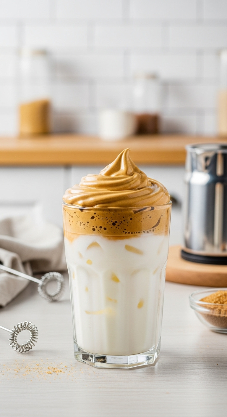 Whipped Dalgona iced coffee with thick foam over milk and ice in a clear glass on a wooden surface with a bright kitchen background