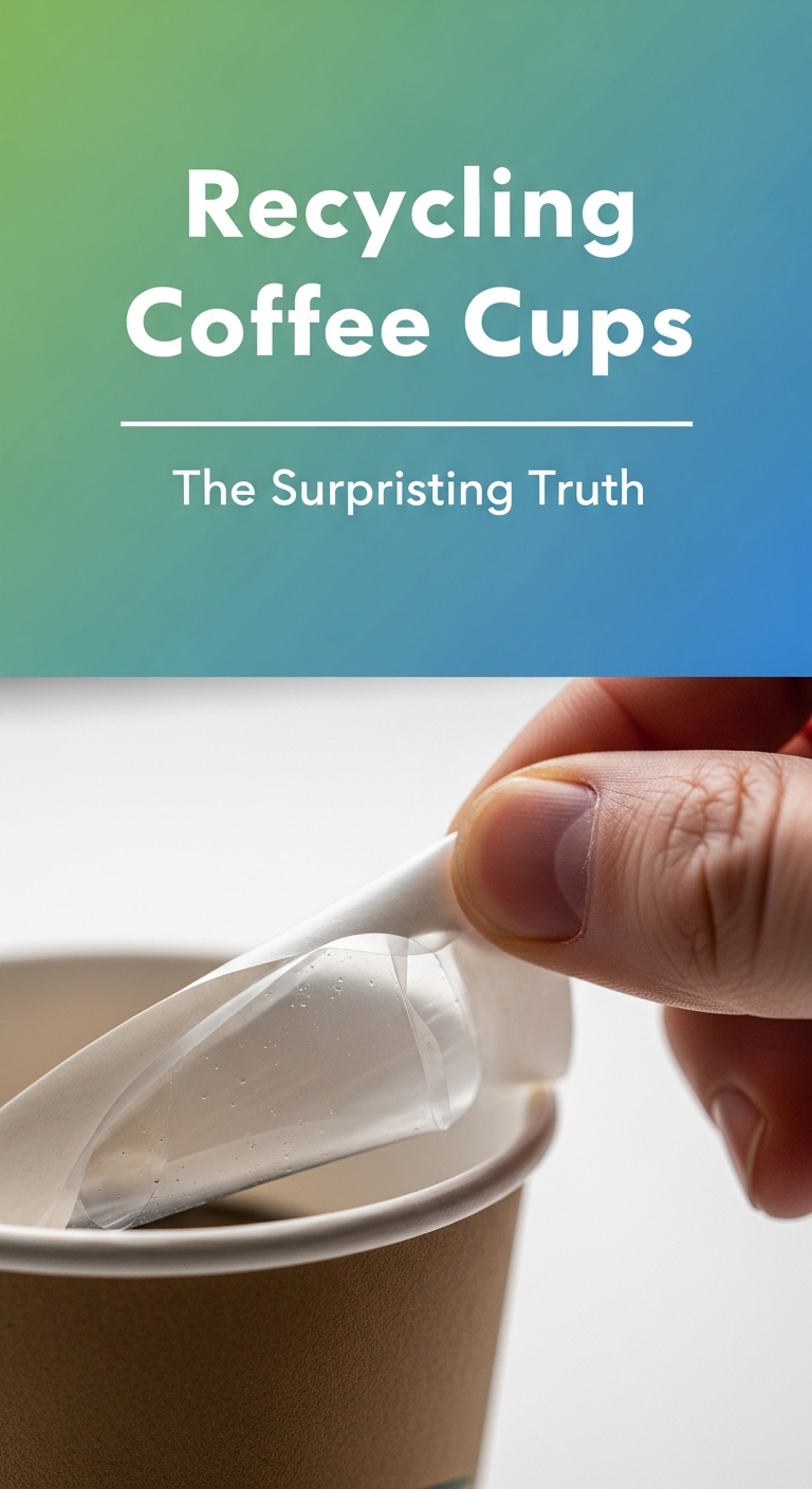 A person holding a disposable coffee cup next to a recycling bin, looking confused, to illustrate the common dilemma around whether are used coffee cups recyclable.