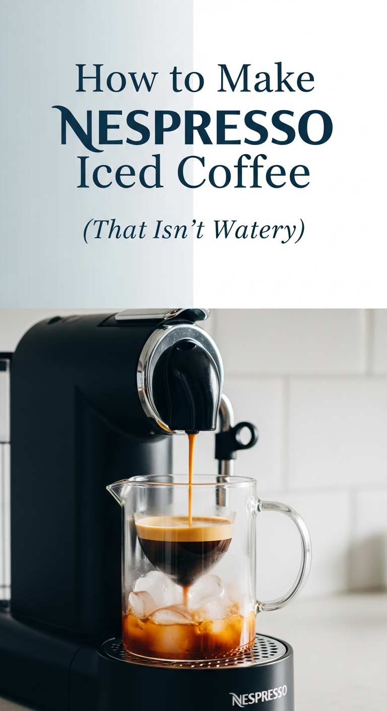 A Nespresso Vertuo machine brewing a concentrated shot of coffee perfect for making iced coffee.