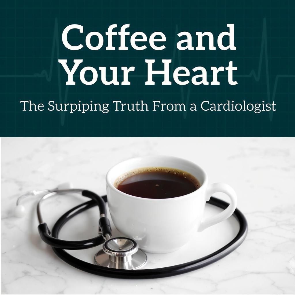 An image exploring coffee's impact on heart health, featuring a coffee cup and coffee beans arranged in an ECG pattern on an orange and white background.