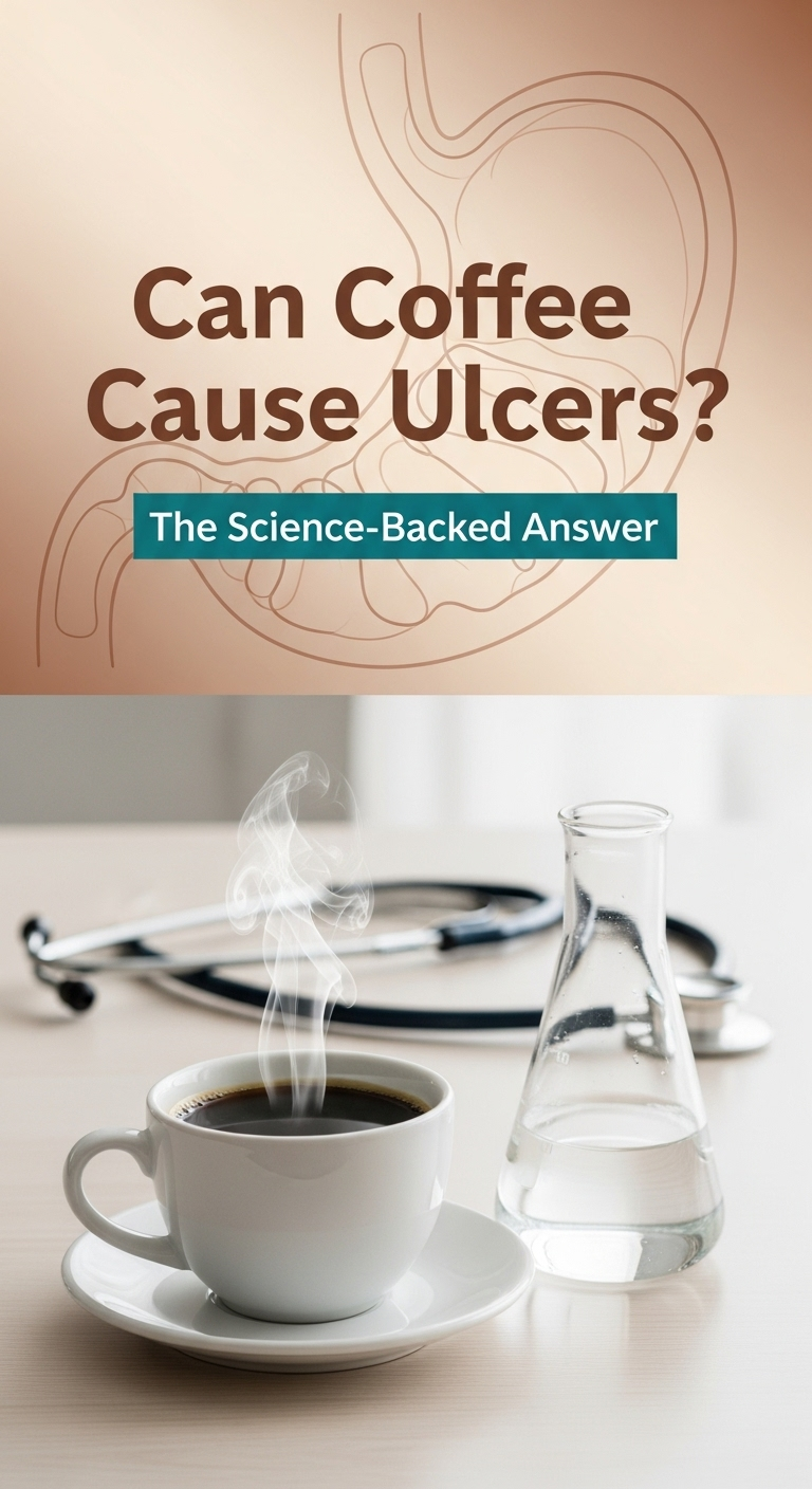 A person holding a cup of coffee while touching their stomach, illustrating the question of can coffee cause a stomach ulcer