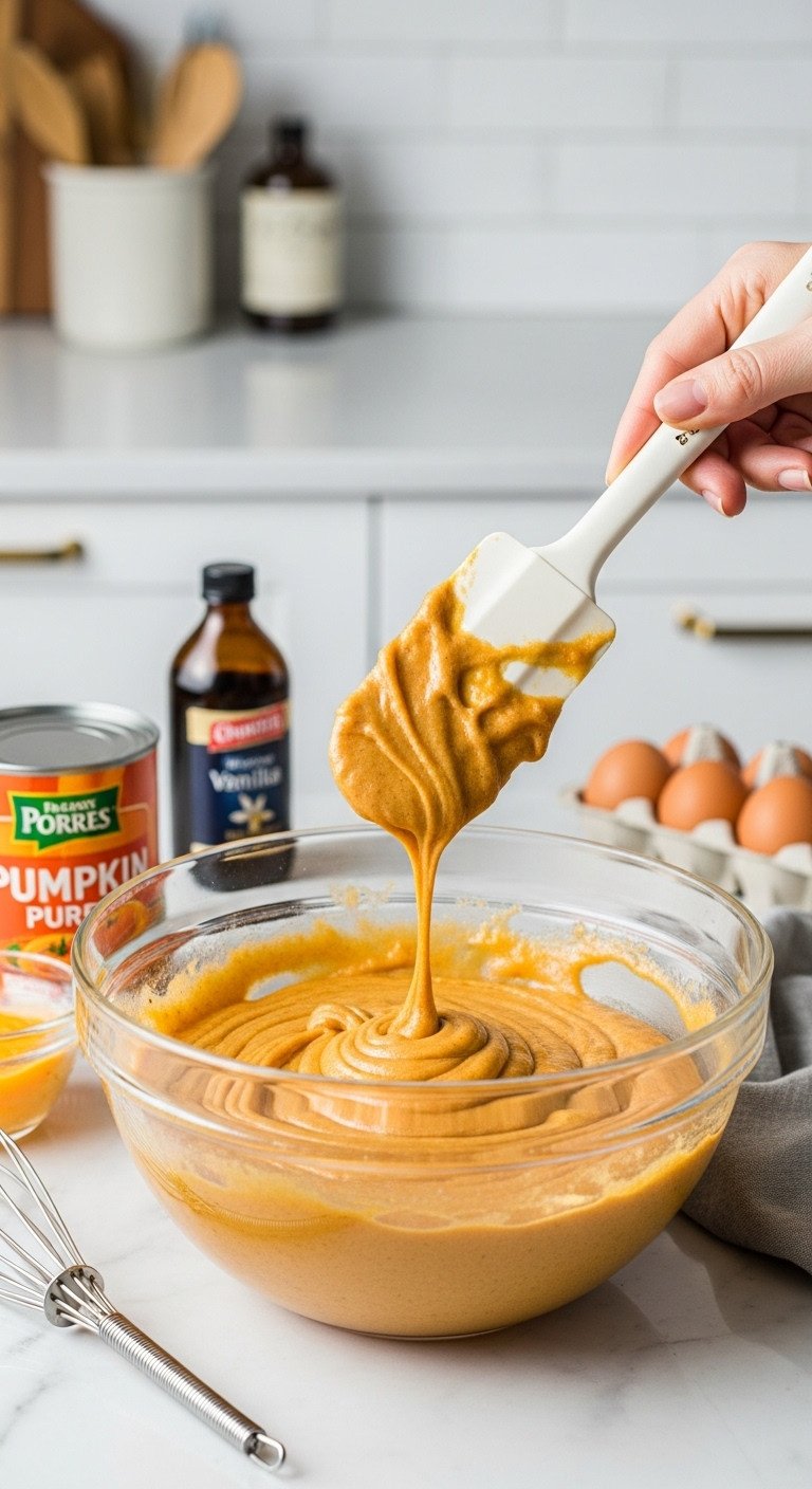 A glass bowl filled with chunky streusel topping for pumpkin coffee cake in a cozy fall flat lay