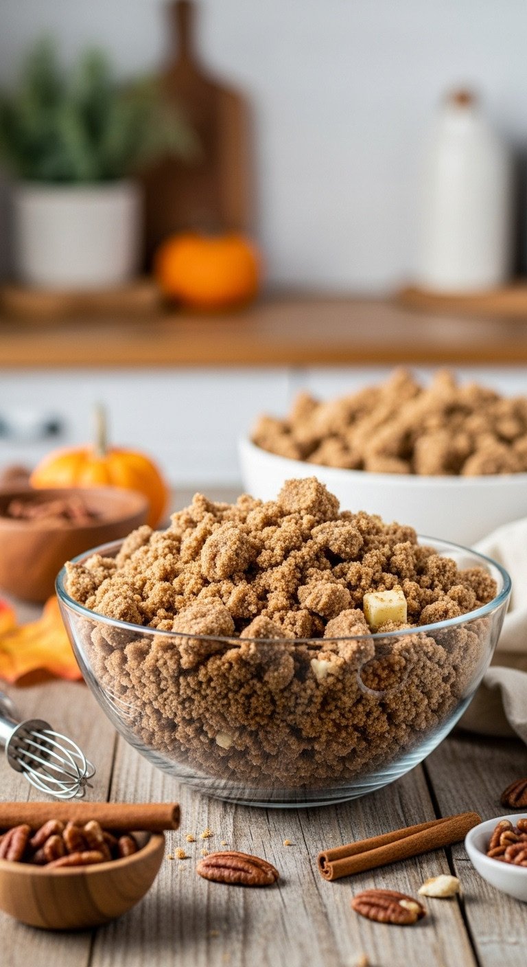 A glass bowl filled with chunky streusel topping for pumpkin coffee cake in a cozy fall flat lay