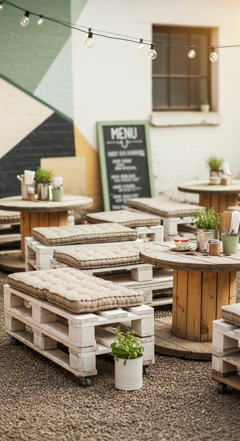 Achieving high end look on low budget with DIY pallet benches upcycled spool tables and string lights at cafe