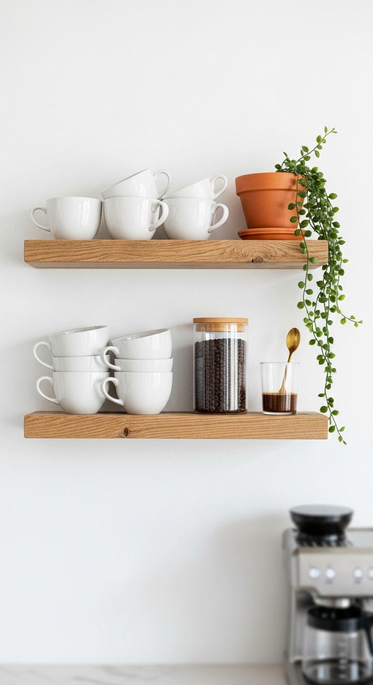 Aesthetic vertical coffee storage with light wood floating shelves displaying white mugs coffee beans and a trailing plant on a white wall