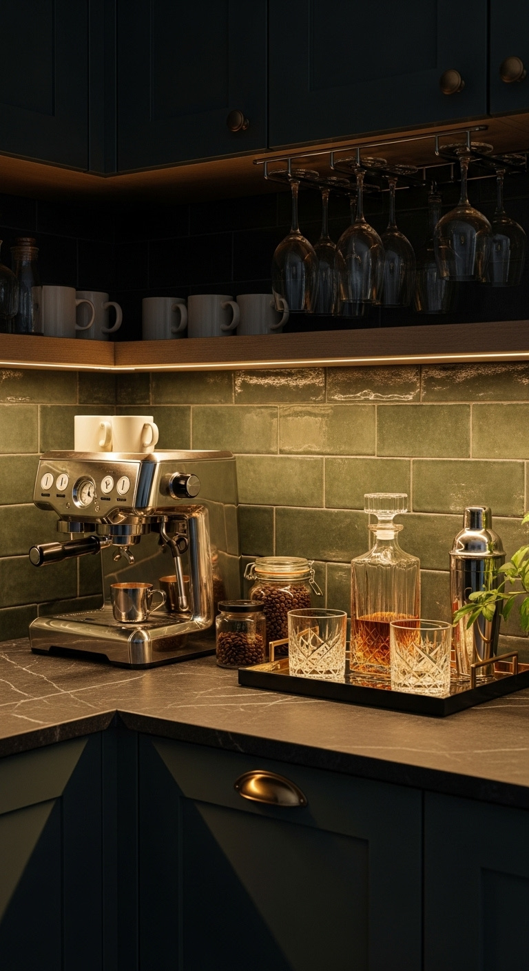 All-in-one coffee and cocktail station with espresso machine decanter and cocktail glasses on soapstone counter