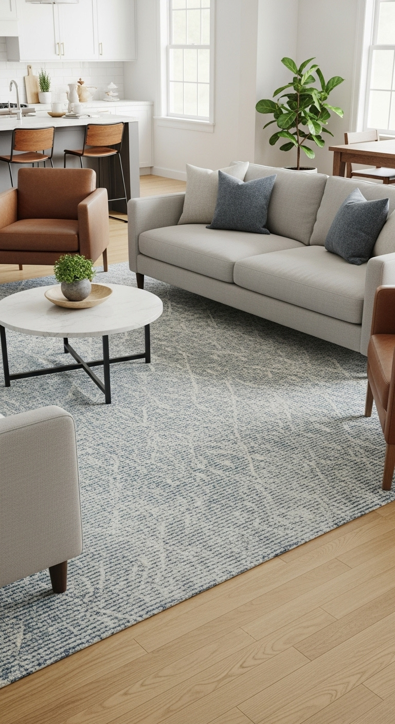 Anchoring area rug in blue and cream defining living room zone next to open-plan kitchen with hardwood floor