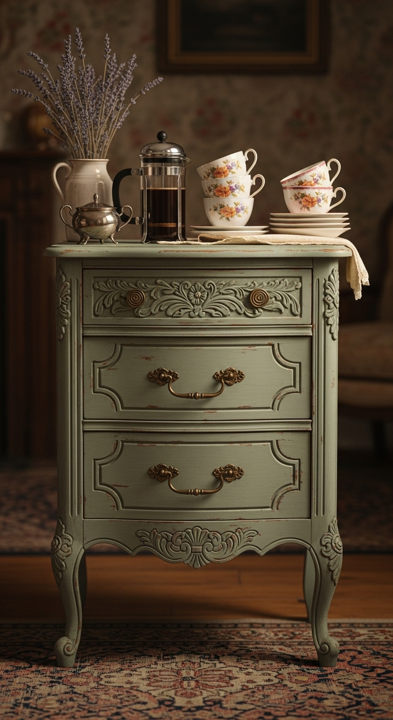 Antique dresser painted soft sage green with vintage French press floral teacups and silver sugar bowl on a rug