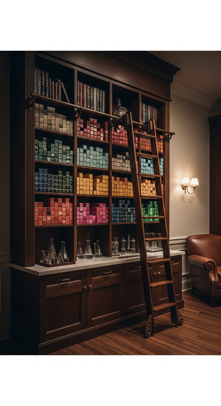 Apothecary color library salon mixing station with dark wood shelving organized hair color boxes and rolling ladder