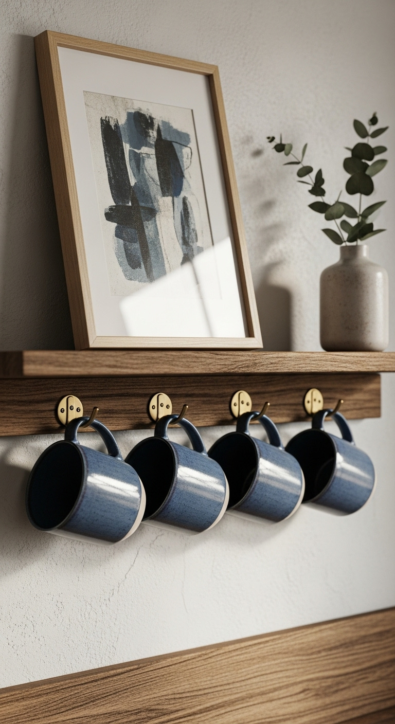 Artisan ceramic mugs hanging from brass hooks under a wooden shelf, with abstract art and eucalyptus in a cozy artistic style