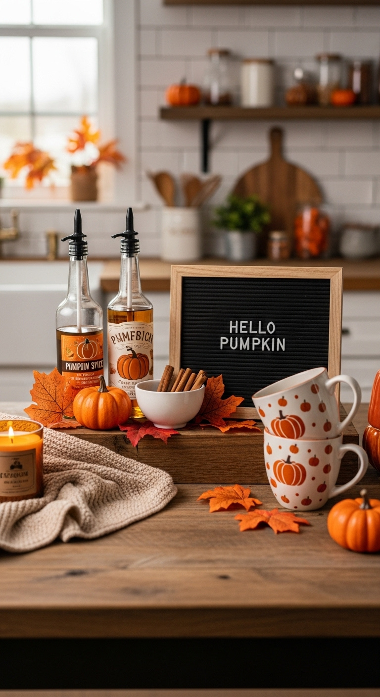 Autumn-decorated coffee bar with pumpkin spice syrups fall mugs cinnamon sticks and decorative pumpkins