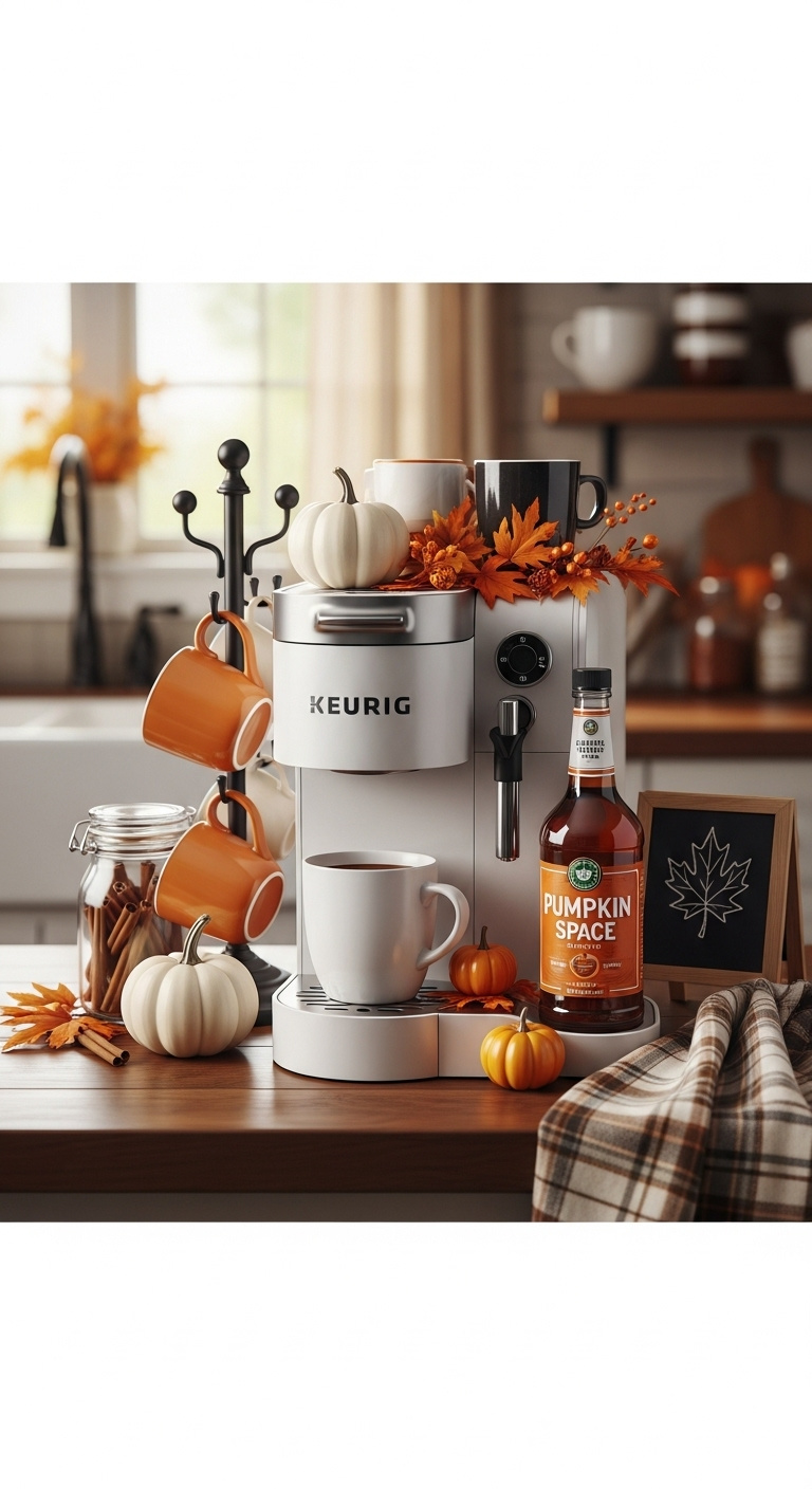 Autumn-themed coffee bar with Keurig machine orange and cream mugs pumpkin cinnamon sticks and pumpkin spice syrup on a dark wood countertop