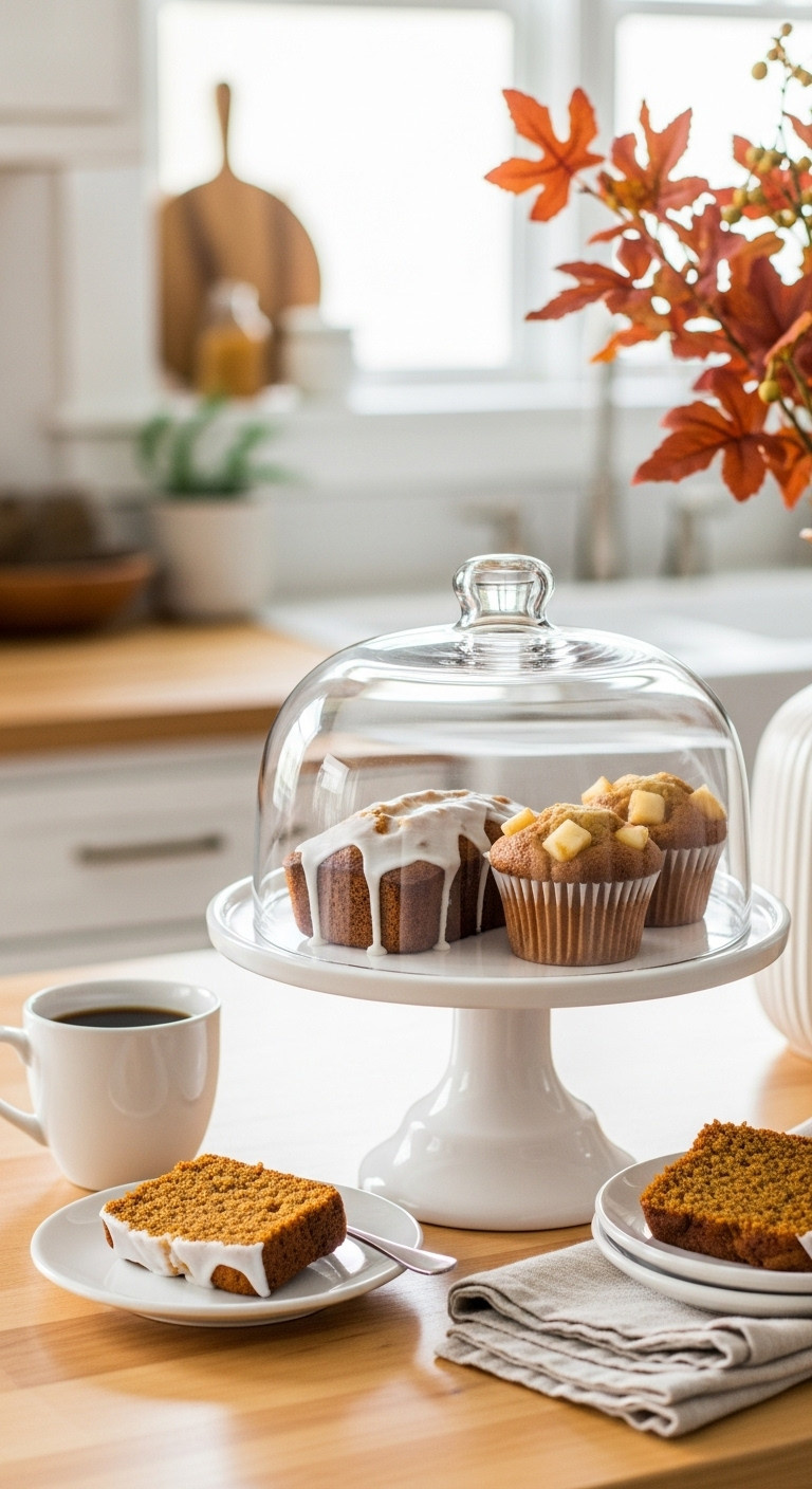 Autumnal treats display with mini pumpkin bread, apple cinnamon muffins, and a glass cloche next to a coffee cup and fall foliage