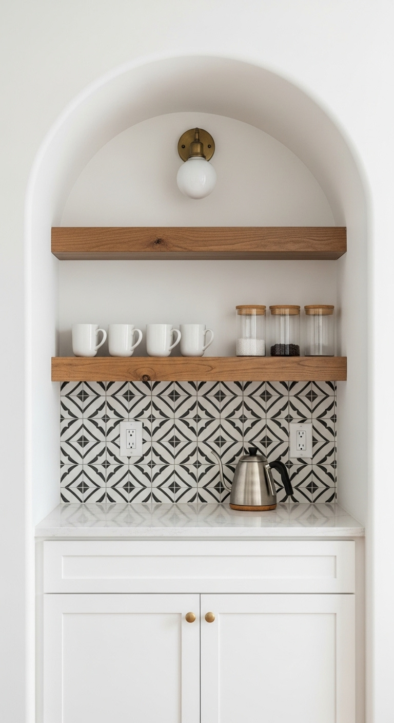Awkward arched wall alcove transformed into a chic coffee station with white cabinetry wood shelves and kettle