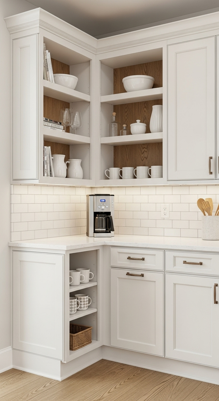Awkward corner built-in hutch with custom white cabinet shelving coffee maker mugs and under-cabinet lighting in kitchen