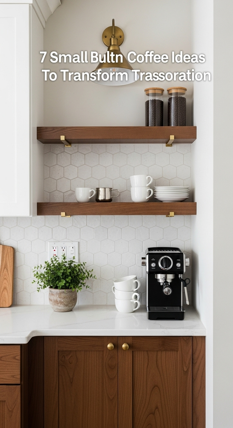 Awkward nook transformed into a coffee bar with white quartz counter Zellige tile backsplash and walnut floating shelves