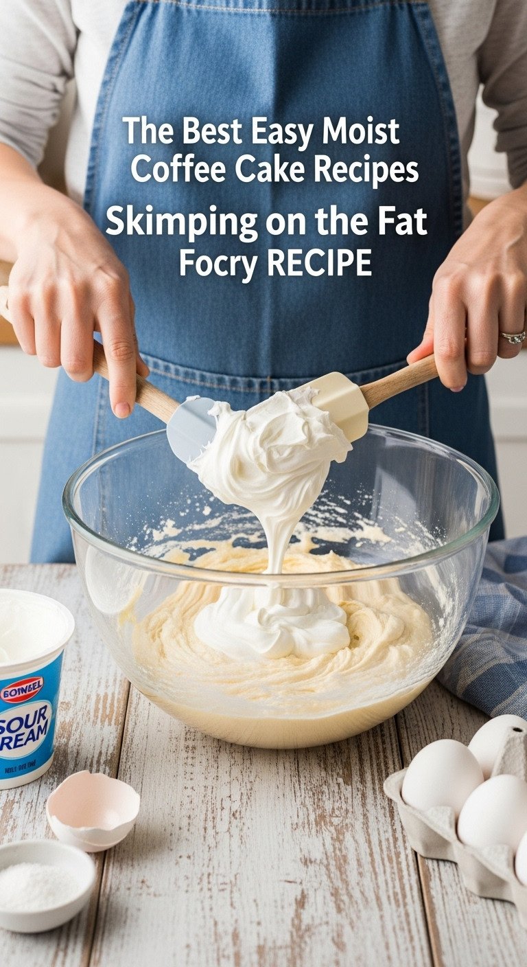 Baker folding thick sour cream into fluffy cake batter in a mixing bowl on a wooden tabletop with sour cream and eggs