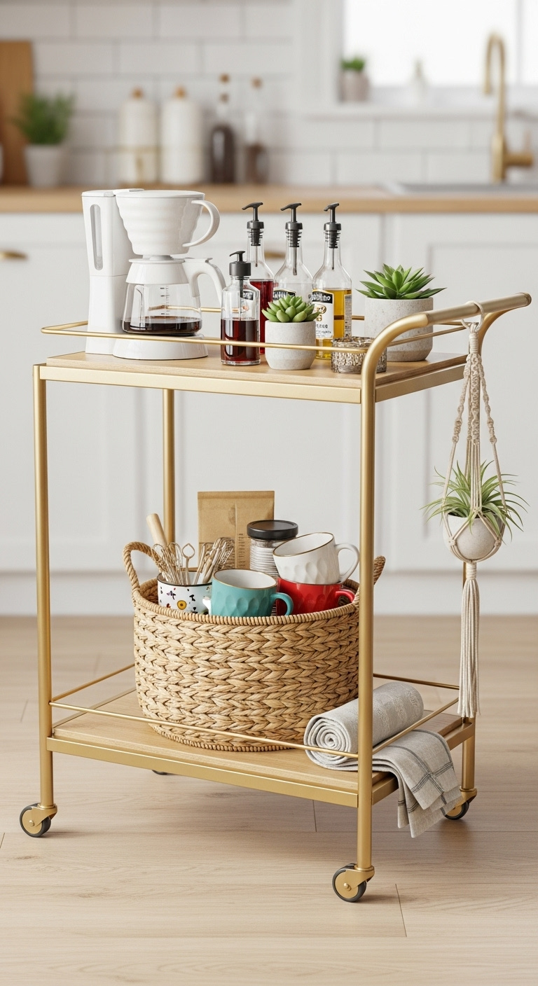 Bar cart with woven accents featuring a gold metal cart coffee maker syrup succulent seagrass basket and mismatched mugs
