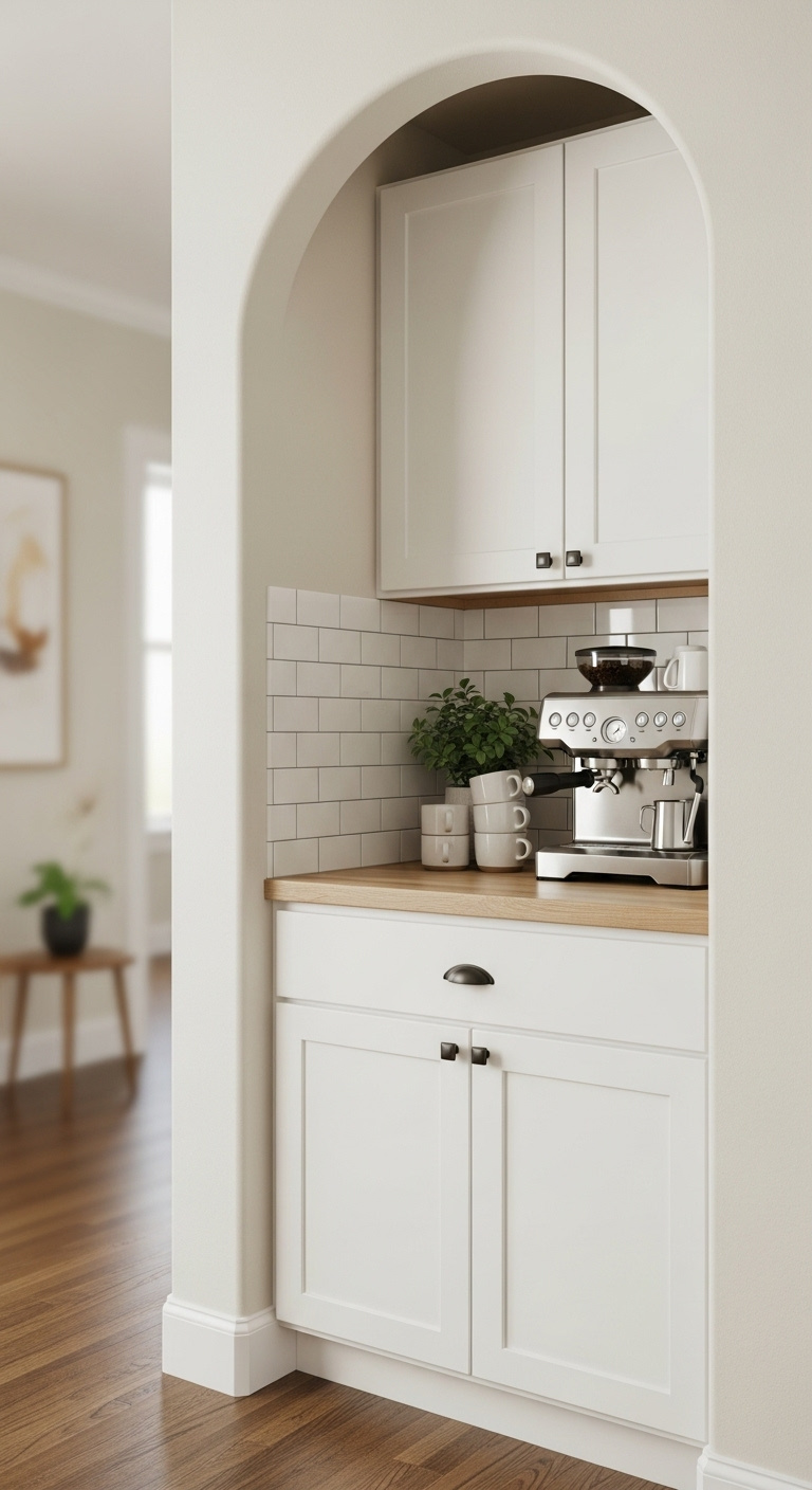 Beautiful arched coffee bar in a former coat closet with white cabinets wood countertop and subway tile backsplash
