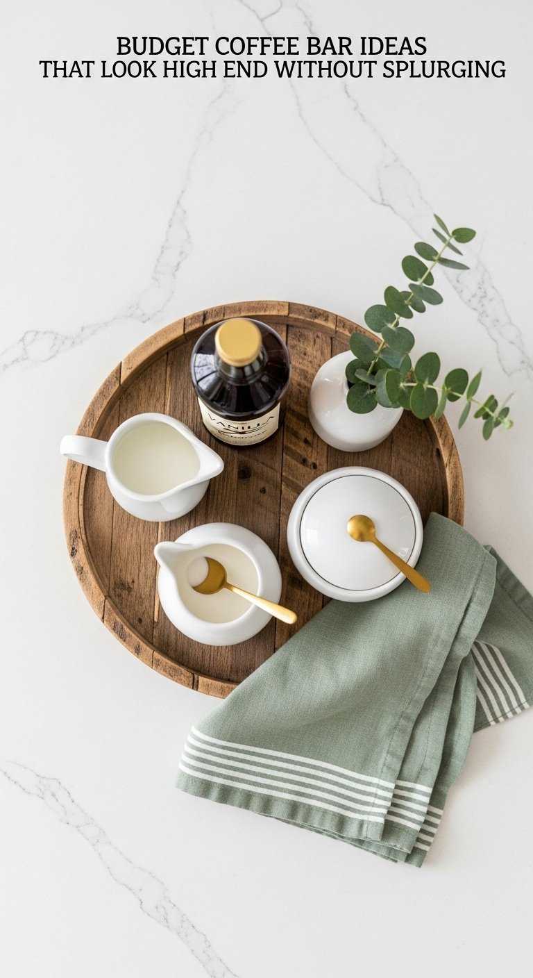 Budget Coffee Bar Ideas That Look High End Without Splurging 8 Beautiful round reclaimed wood tray holding a curated collection of coffee accessories on a white quartz countertop