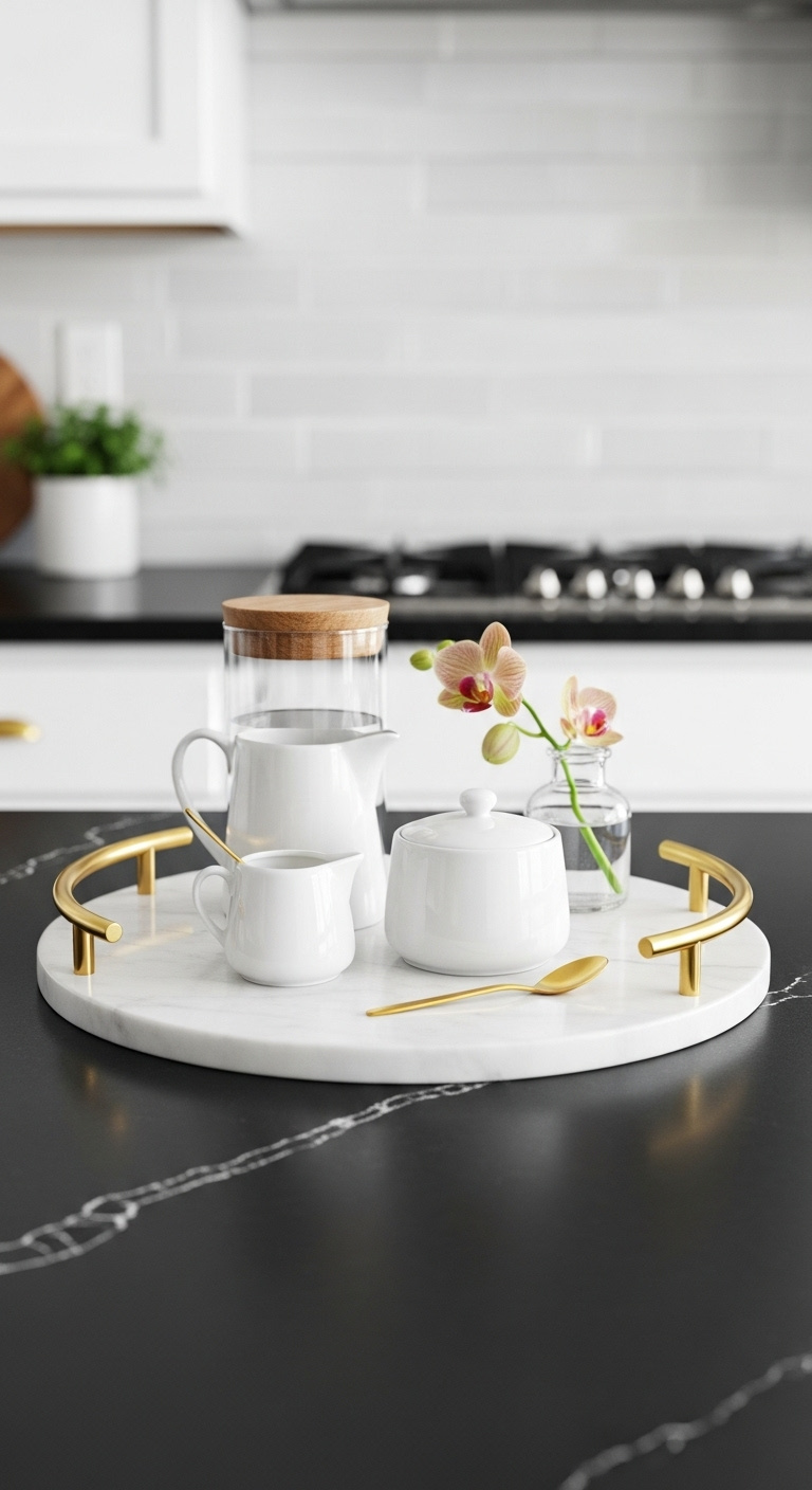 Beautiful round white marble tray with gold handles neatly holding coffee essentials on a dark quartz kitchen counter