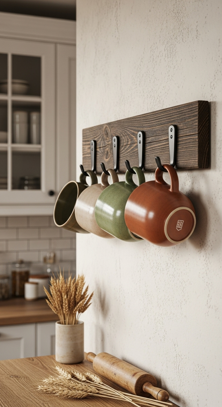 Beautifully crafted rustic farmhouse mug hanger made from dark reclaimed barnwood with four large artisanal ceramic mugs