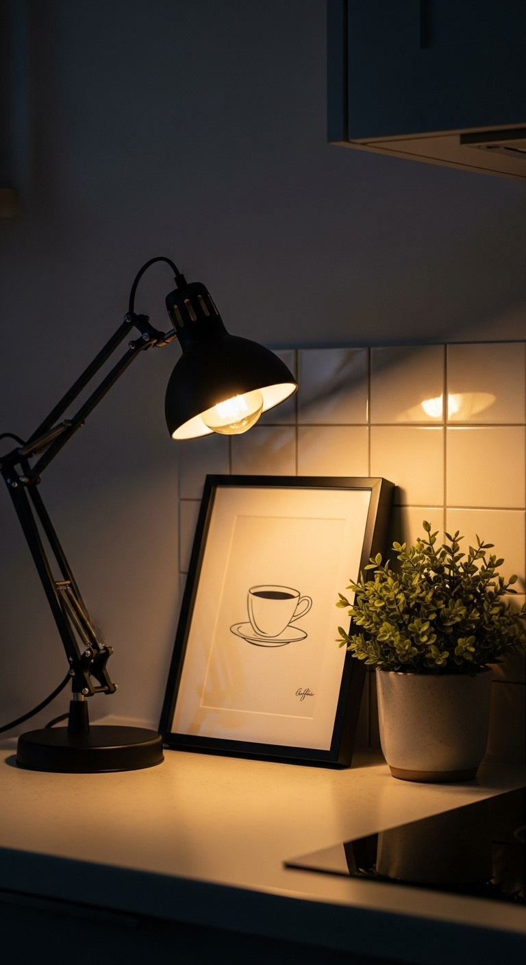 Beautifully decorated and lit coffee corner with black task lamp framed art and green plant