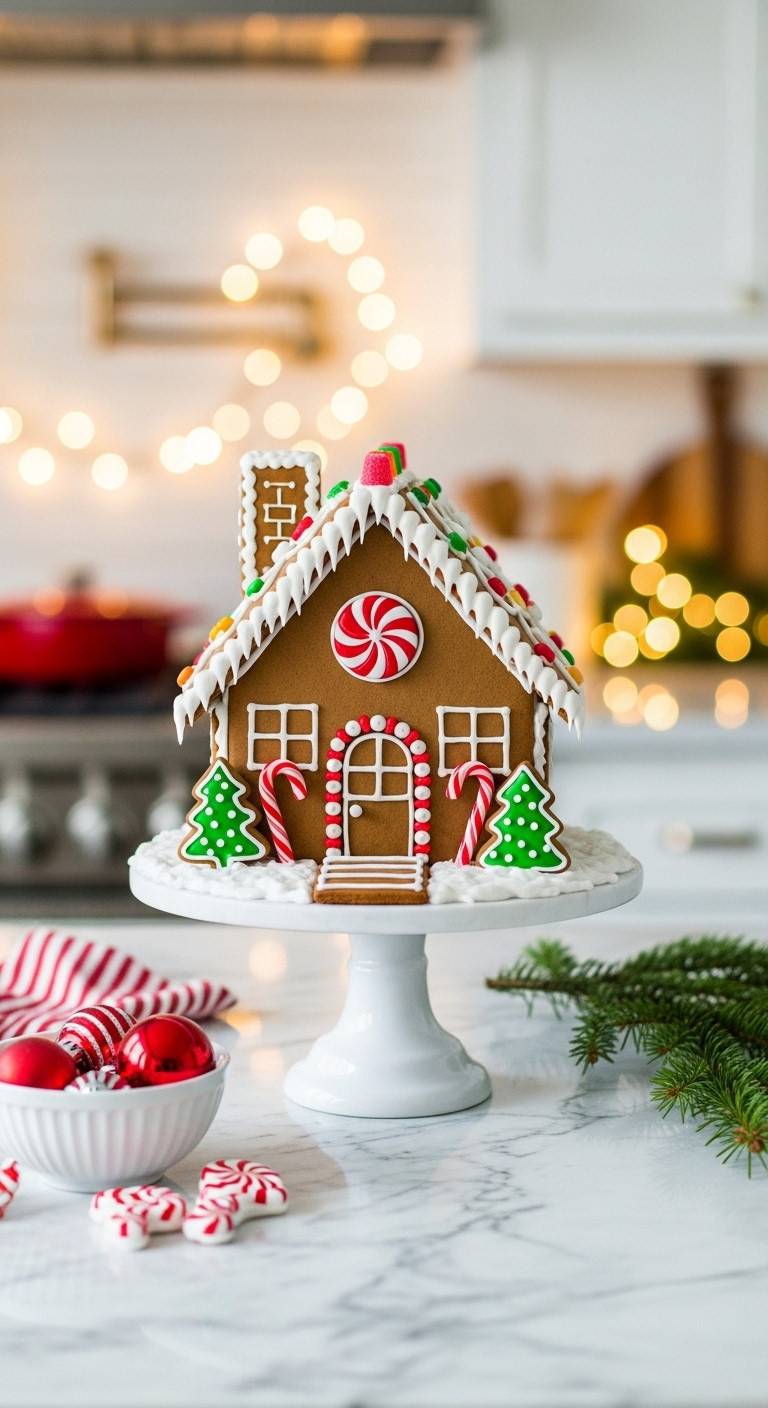 Beautifully detailed gingerbread house centerpiece with royal icing gumdrops and candy canes on a white marble coffee bar