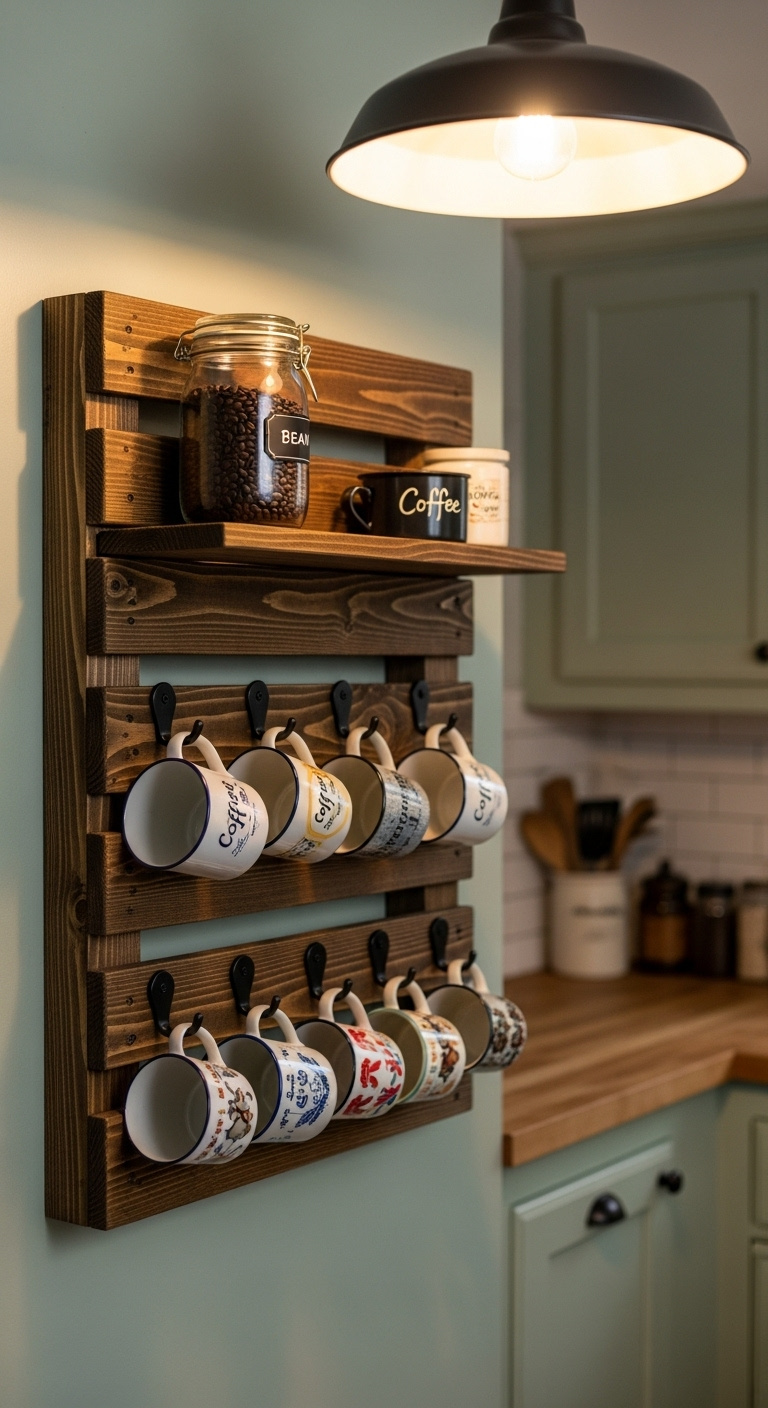 Beautifully finished DIY mug rack from dark stained pallet wood with a shelf and mismatched vintage coffee mugs