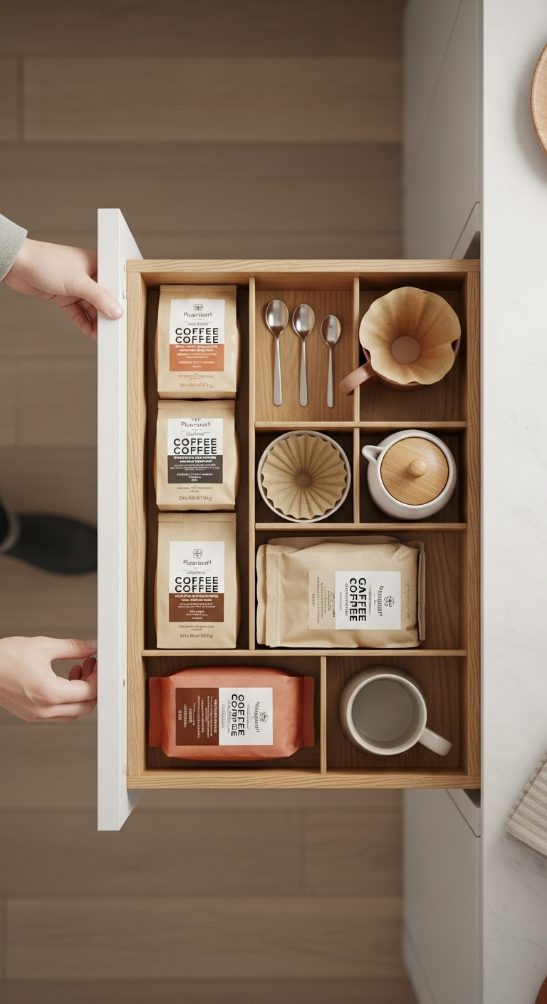 Beautifully organized coffee bar drawer with custom wooden dividers, gourmet coffee, filters, sugar pot, and small spoons