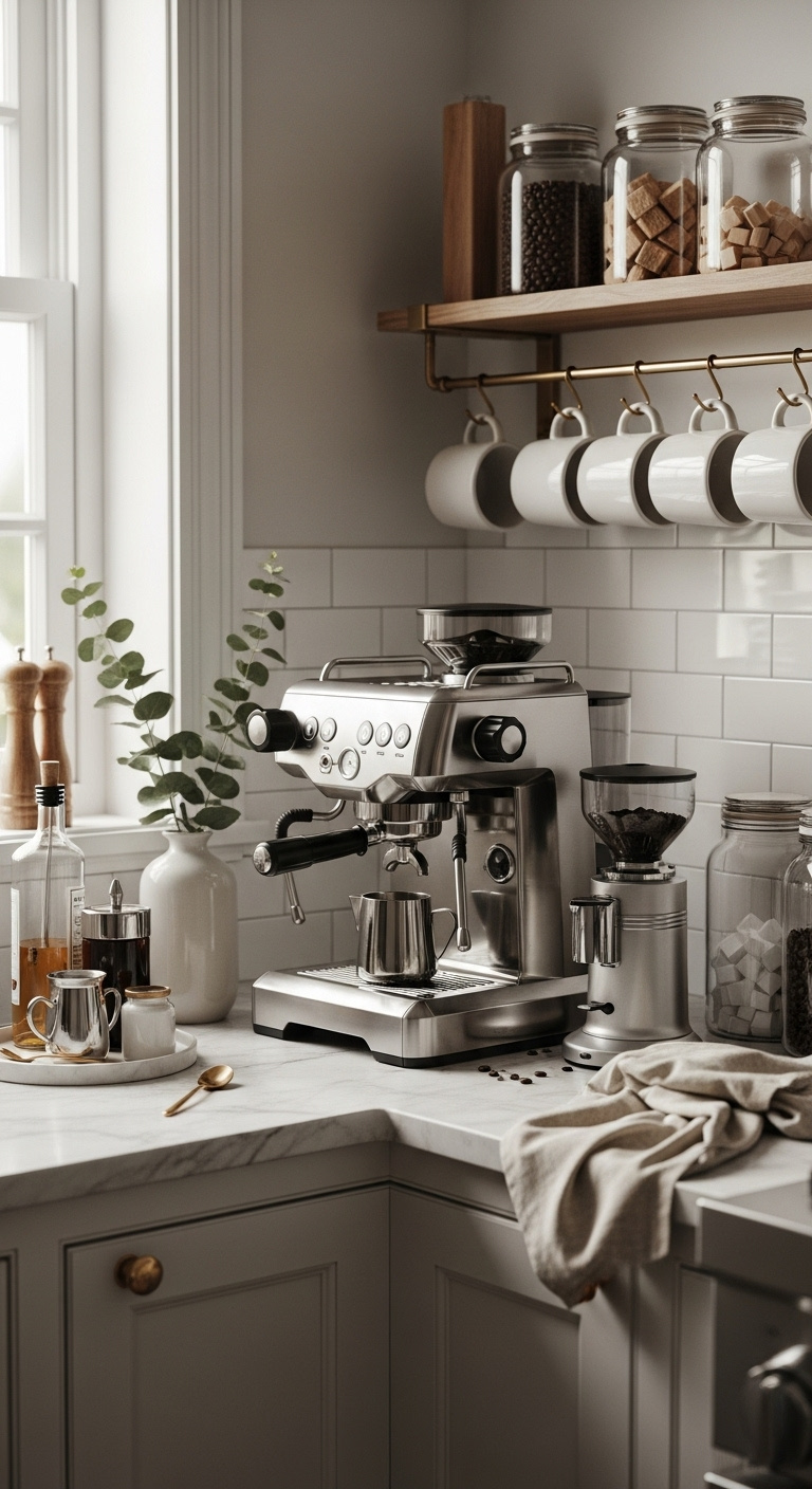 Beautifully organized coffee station on a kitchen countertop with an espresso machine grinder mug rack and glass canisters